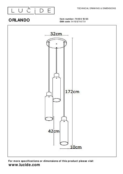 Lucide ORLANDO - Hanglamp - Ø 32 cm - 3xE27 - Fumé - technisch